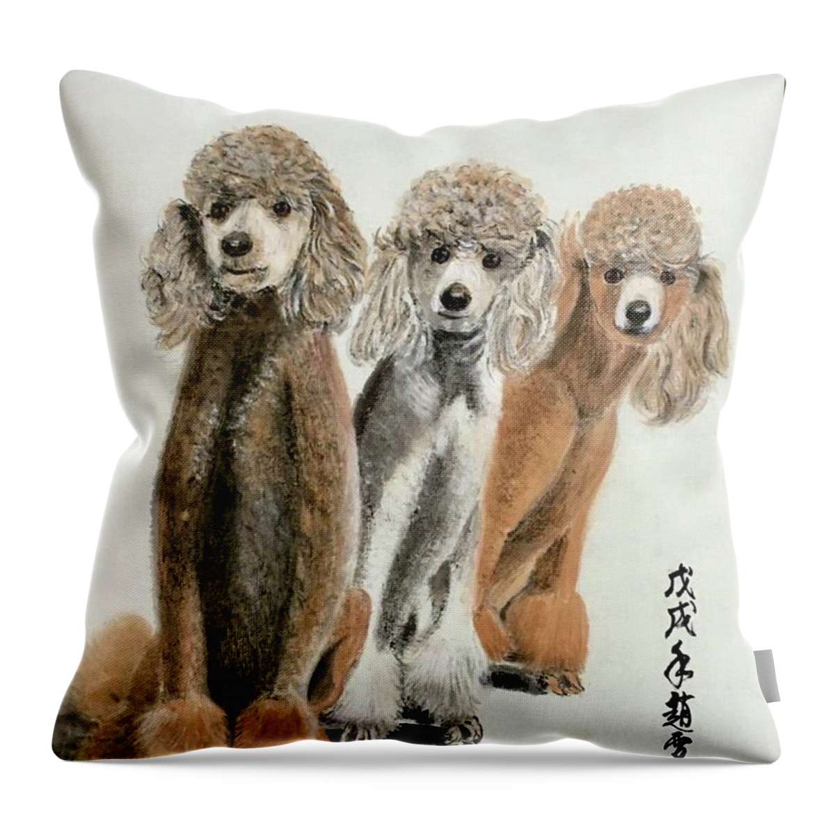 Puppy Poodle Portraits Throw Pillow featuring the painting Three Poodle Dog by Carmen Lam