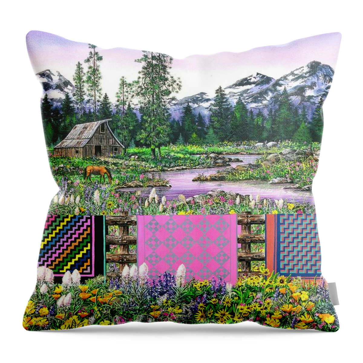 Mountains Throw Pillow featuring the painting Three Sisters Quilts by Diane Phalen