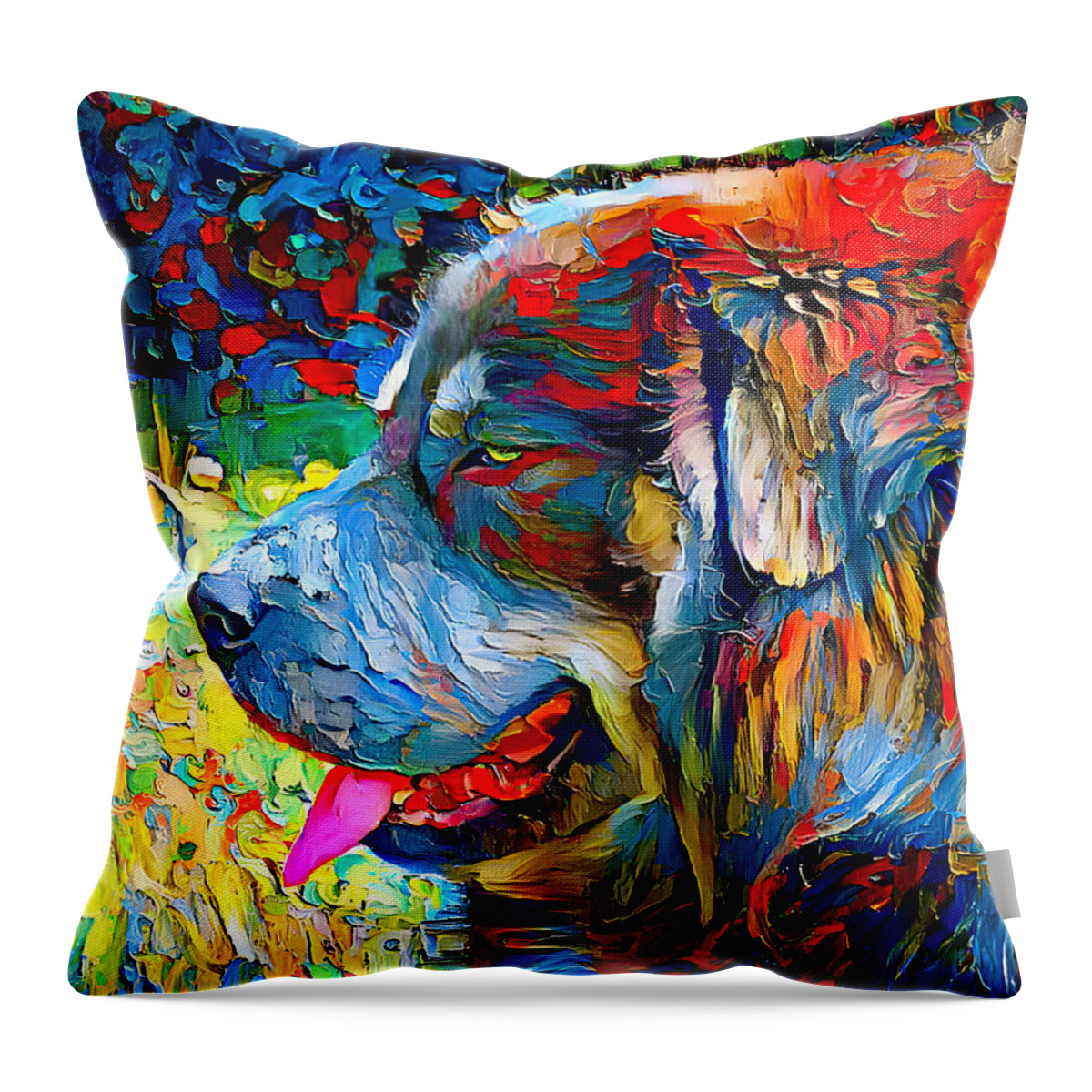 Tibetan Mastiff Throw Pillow featuring the digital art Tibetan Mastiff dog sitting profile with its mouth open - colorful palette knife oil texture by Nicko Prints