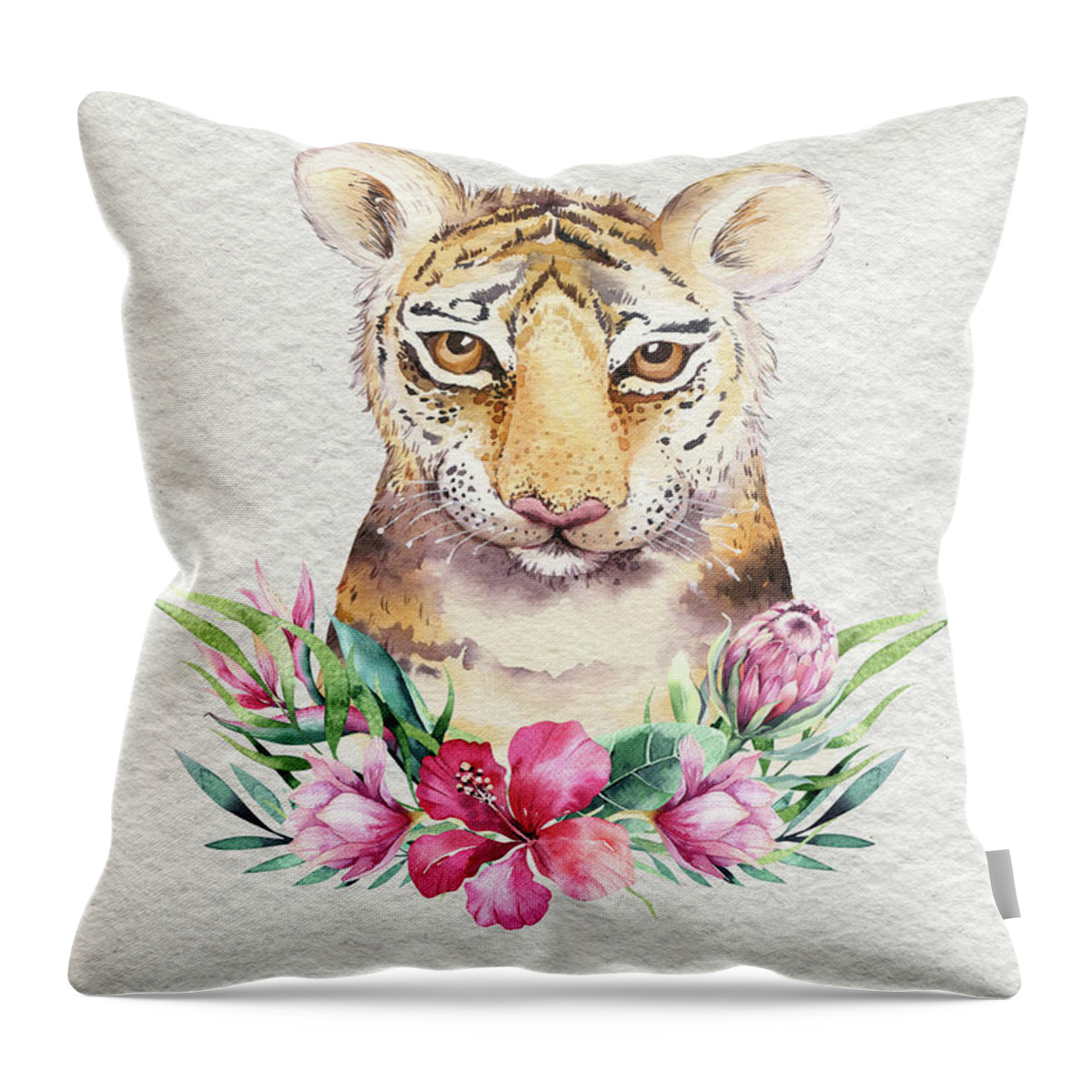 Tiger With Flowers Throw Pillow featuring the painting Tiger With Flowers by Nursery Art