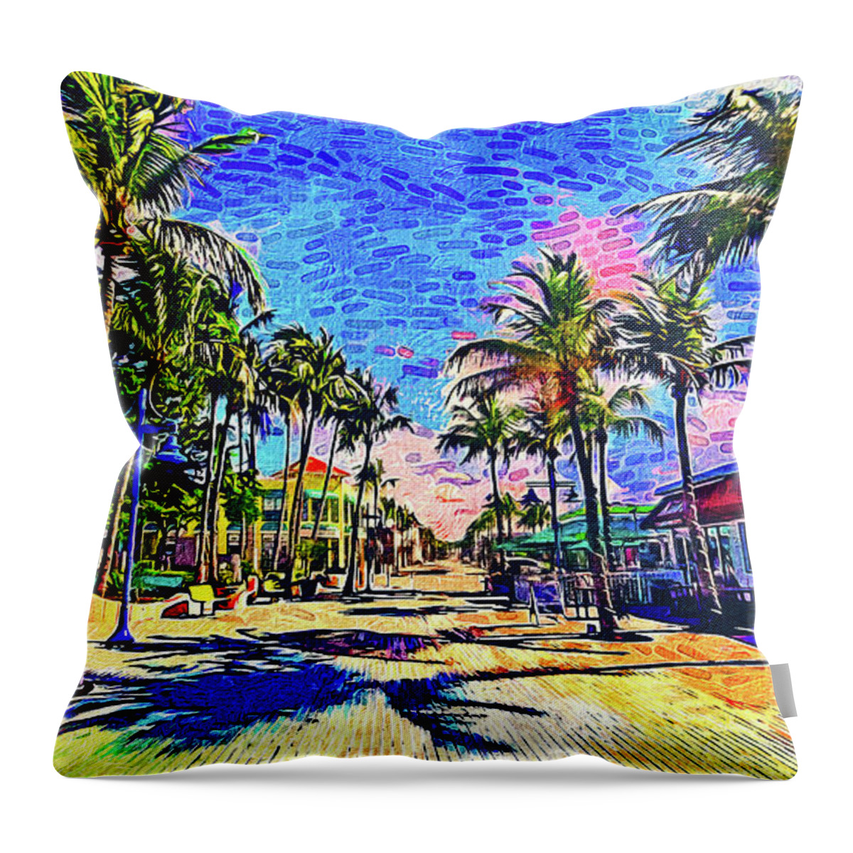 Fort Myers Throw Pillow featuring the digital art Times Square, Fort Myers, at sunrise - impressionist painting by Nicko Prints
