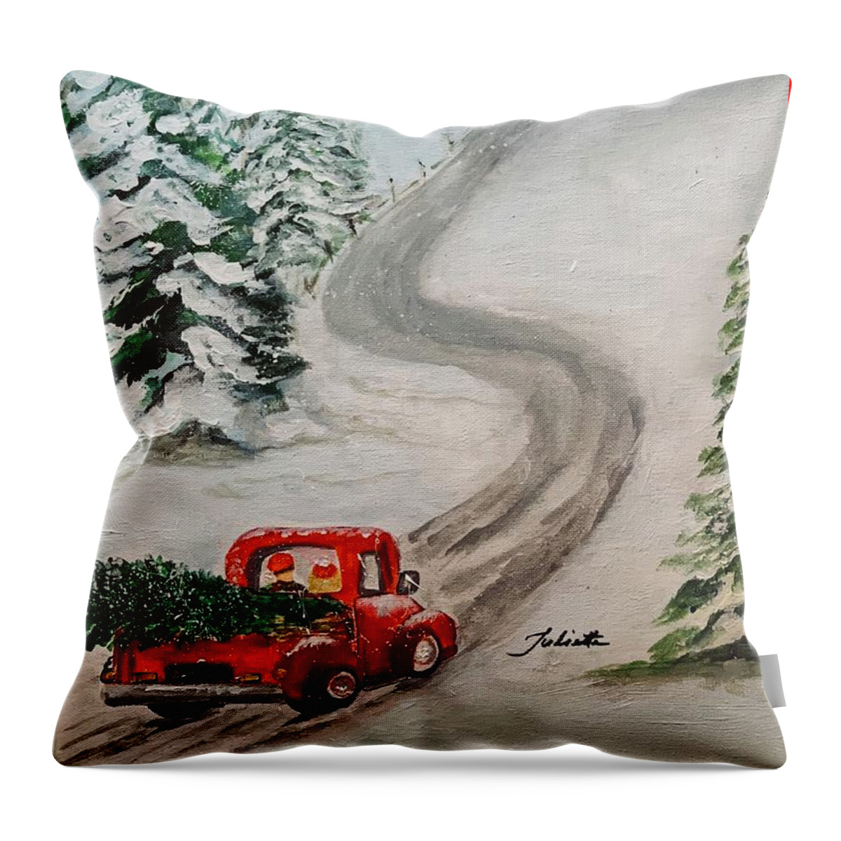 Red Truck Throw Pillow featuring the painting To Grandmothers House We Go by Juliette Becker