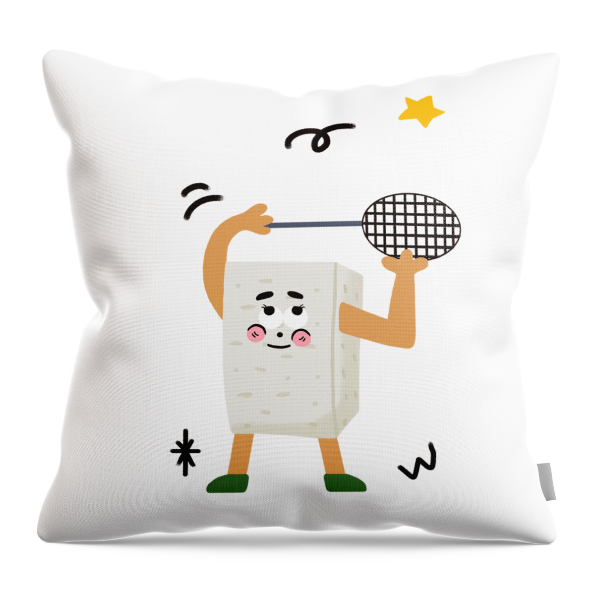 Tofu，bean Curd Throw Pillow featuring the drawing Tofu loves playing badminton by Min Fen Zhu