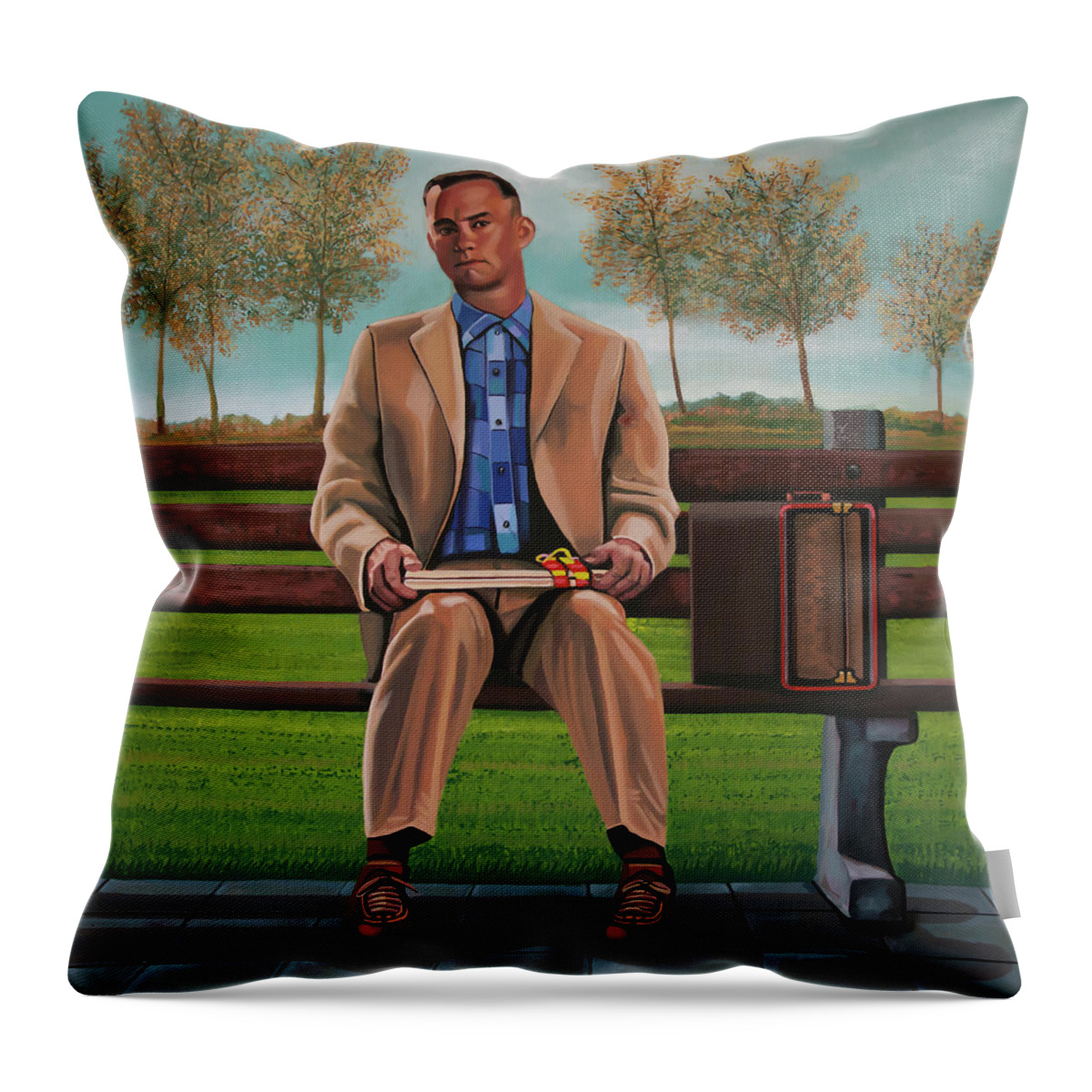 Forrest Gump Throw Pillow featuring the painting Tom Hanks in Forrest Gump Painting by Paul Meijering