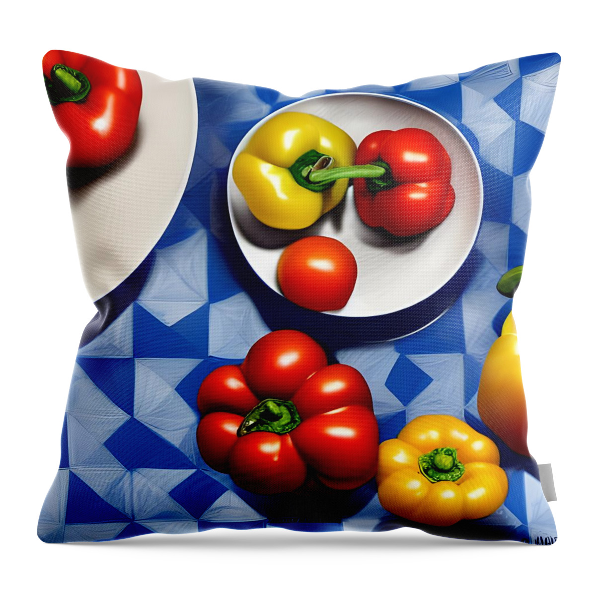 Fruit Throw Pillow featuring the digital art Tomatoes and Peppers by Katrina Gunn