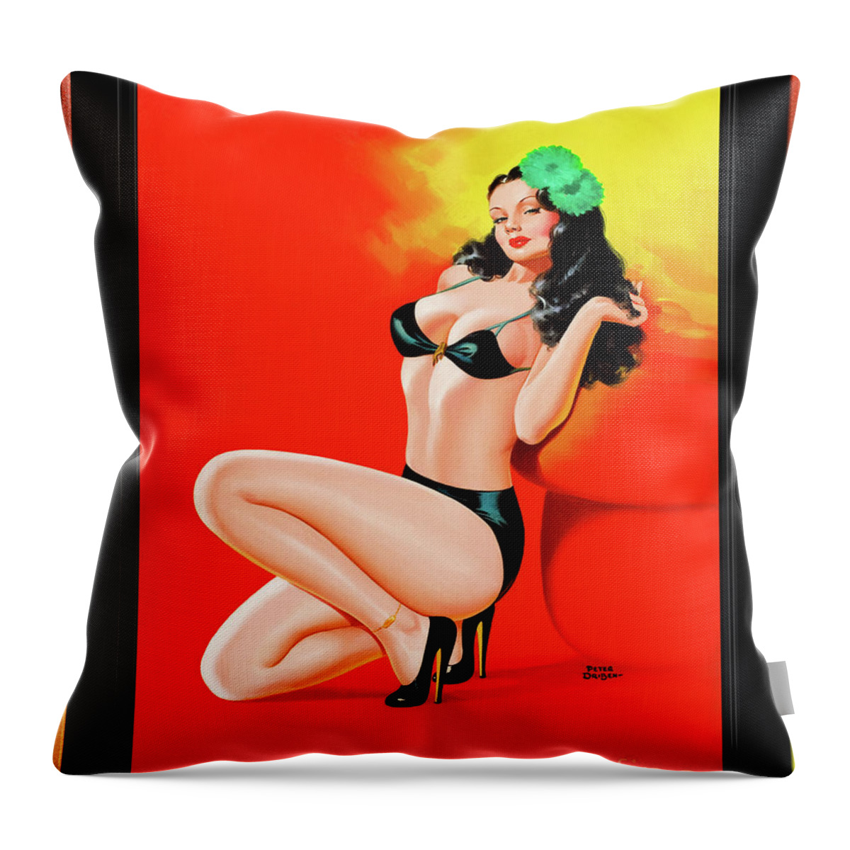 Too Hot To Touch Throw Pillow featuring the painting Too Hot To Touch by Peter Driben Vintage Pin-Up Girl Art by Rolando Burbon