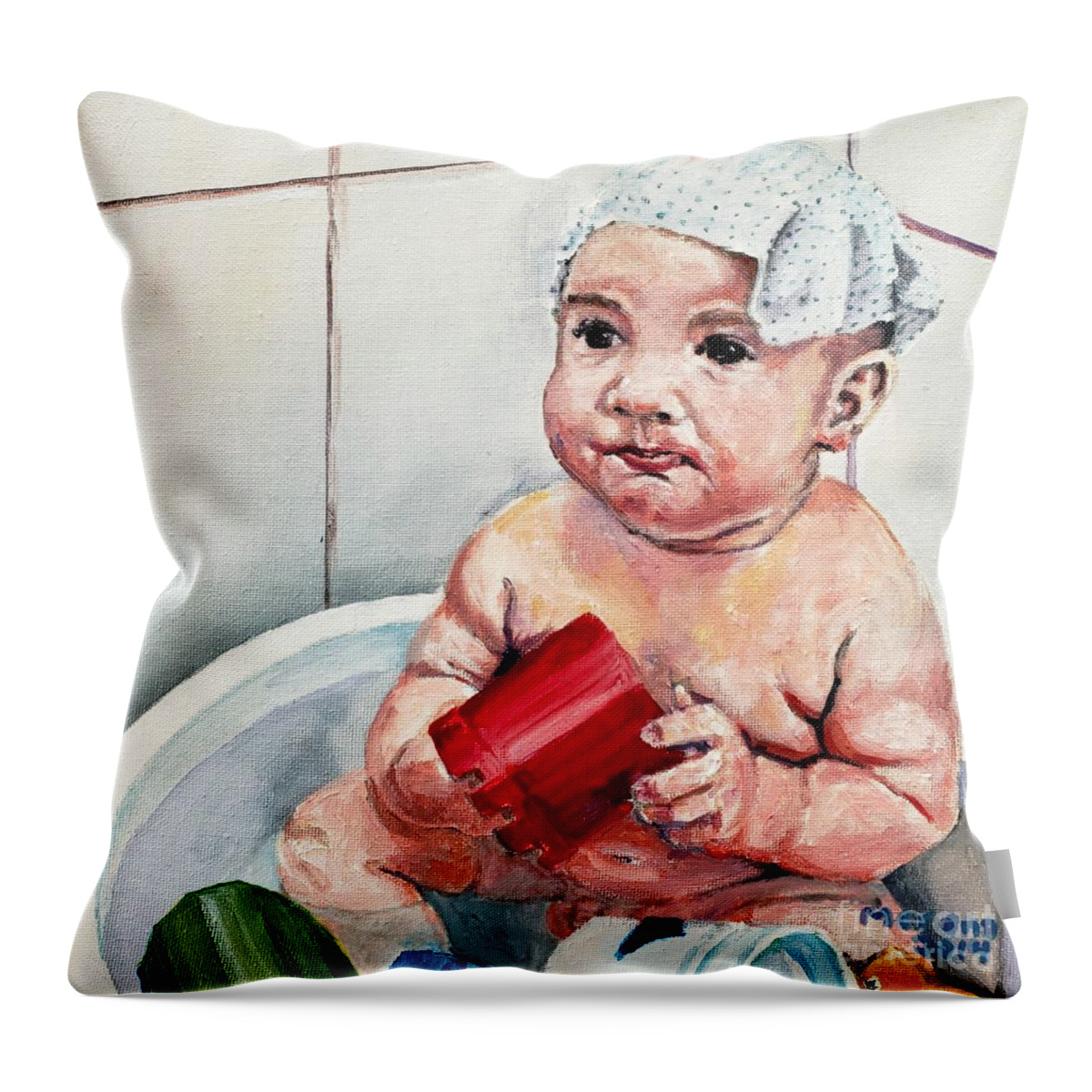 Tub Throw Pillow featuring the painting Too Small Tub by Merana Cadorette