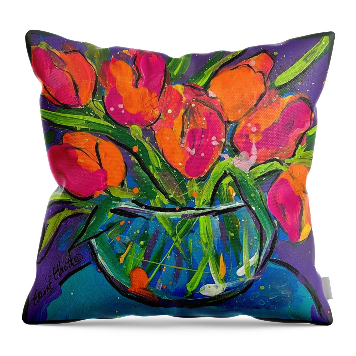 Tulips Throw Pillow featuring the painting Too True Tulips by Elaine Elliott