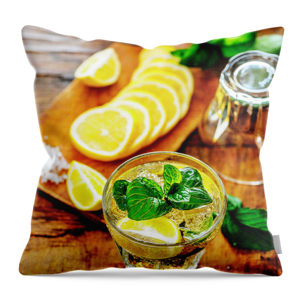 Mojito Throw Pillow featuring the photograph Top view of mojito drink ingredients on vintage wooden table. Mi by Jelena Jovanovic