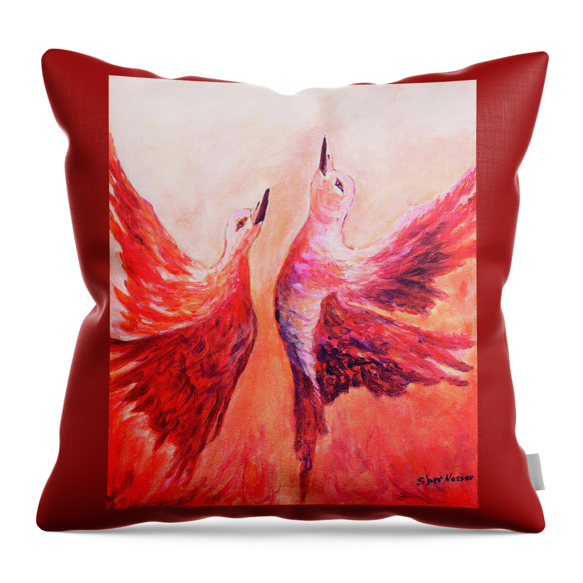 Sher Nasser Artist Throw Pillow featuring the painting Towards Heaven Canadian Geese by Sher Nasser Artist