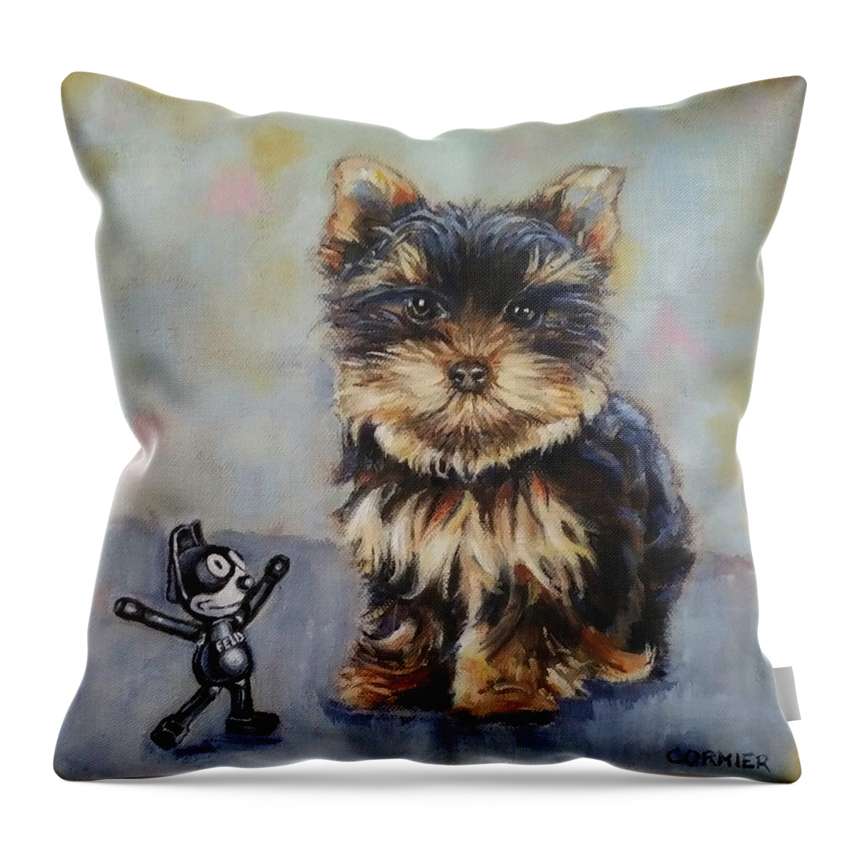 Yorkie Throw Pillow featuring the painting Toy VS Toy by Jean Cormier