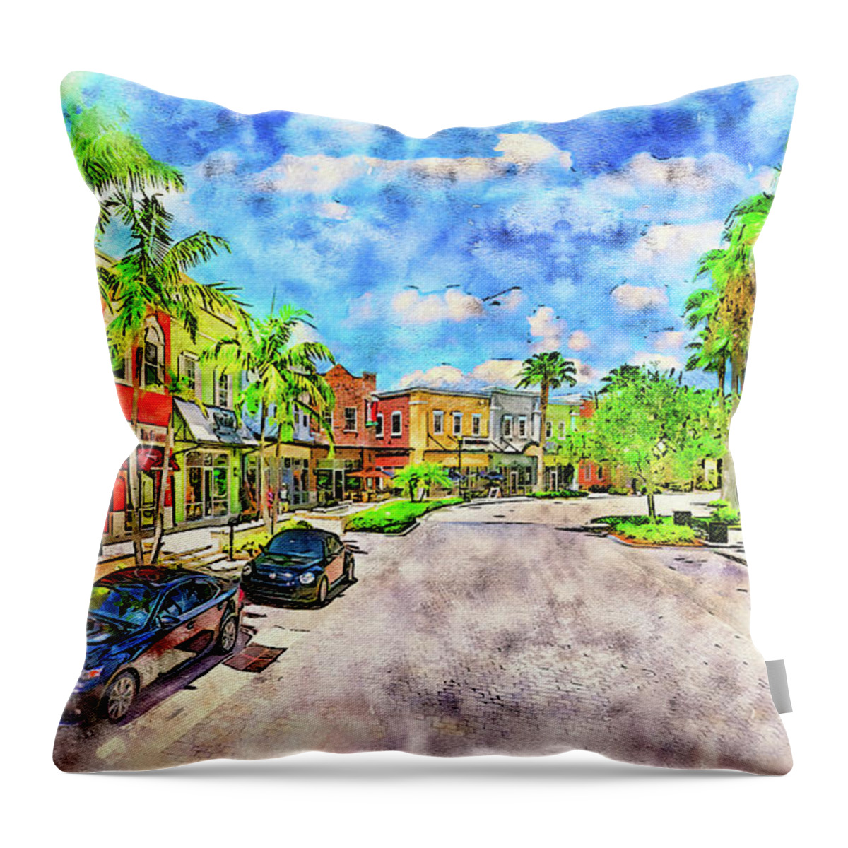 Tradition Square Throw Pillow featuring the digital art Tradition Square in Port St. Lucie, Florida - pen and watercolor by Nicko Prints