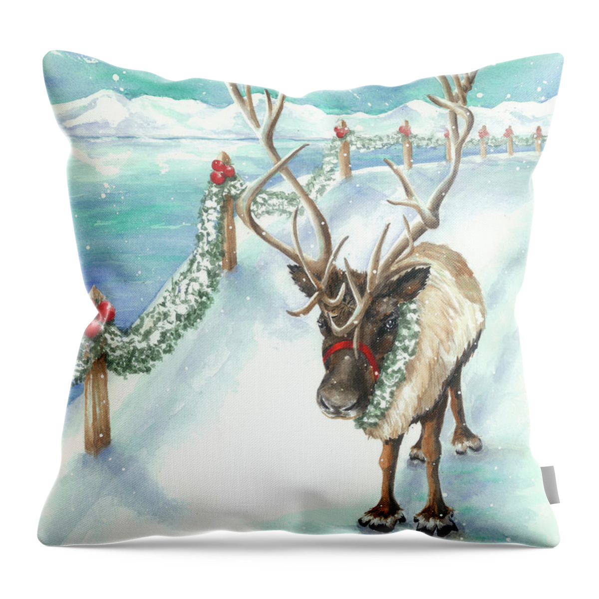 Reindeer Throw Pillow featuring the painting Tranquil Trek by Lori Taylor