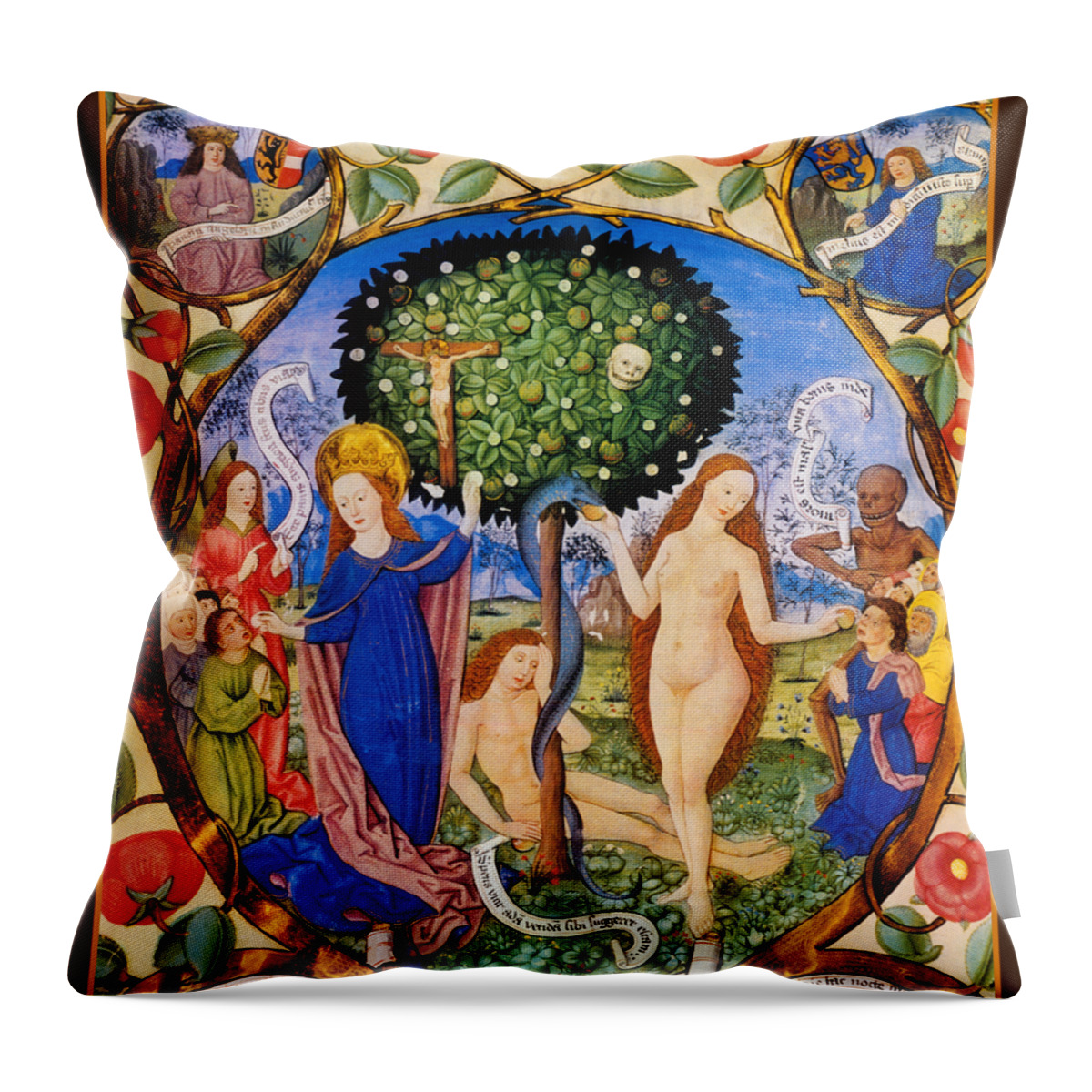 Tree Of Life Throw Pillow featuring the painting Tree of Life and Death Flanked by Eve and Mary-Ecclesia by Unknown
