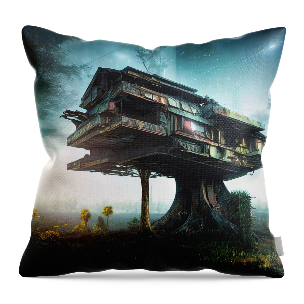 Treehouse Throw Pillow featuring the digital art Treehouse in the early morning mist by Micah Offman