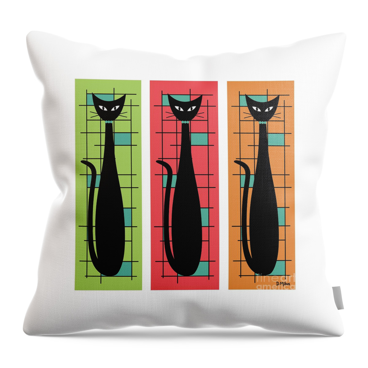 Mid Century Modern Throw Pillow featuring the digital art Trio of Cats Green, Salmon and Orange on White by Donna Mibus