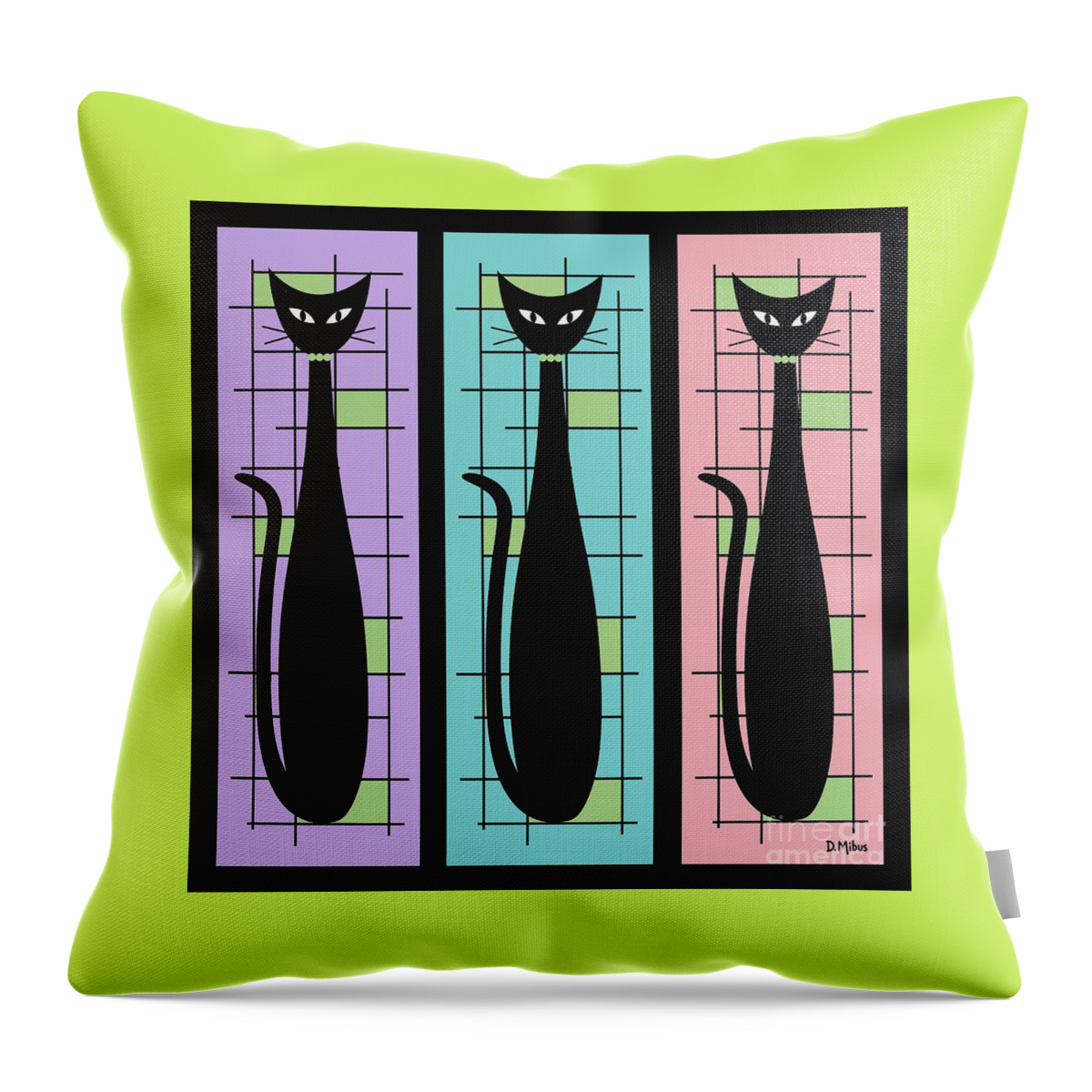 Mid Century Modern Throw Pillow featuring the digital art Trio of Cats Purple, Blue and Pink on Black by Donna Mibus