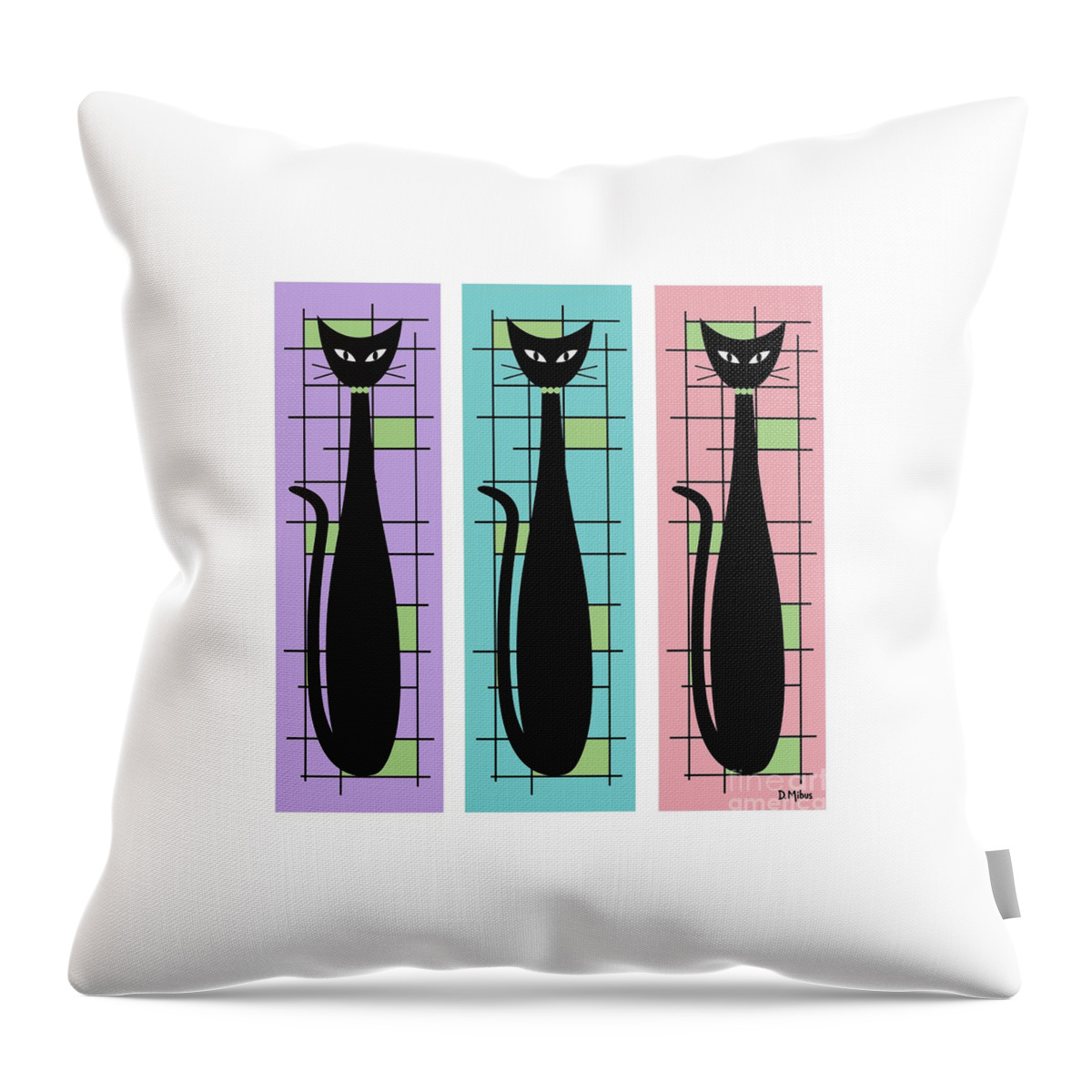 Mid Century Modern Throw Pillow featuring the digital art Trio of Cats Purple, Blue and Pink on White by Donna Mibus