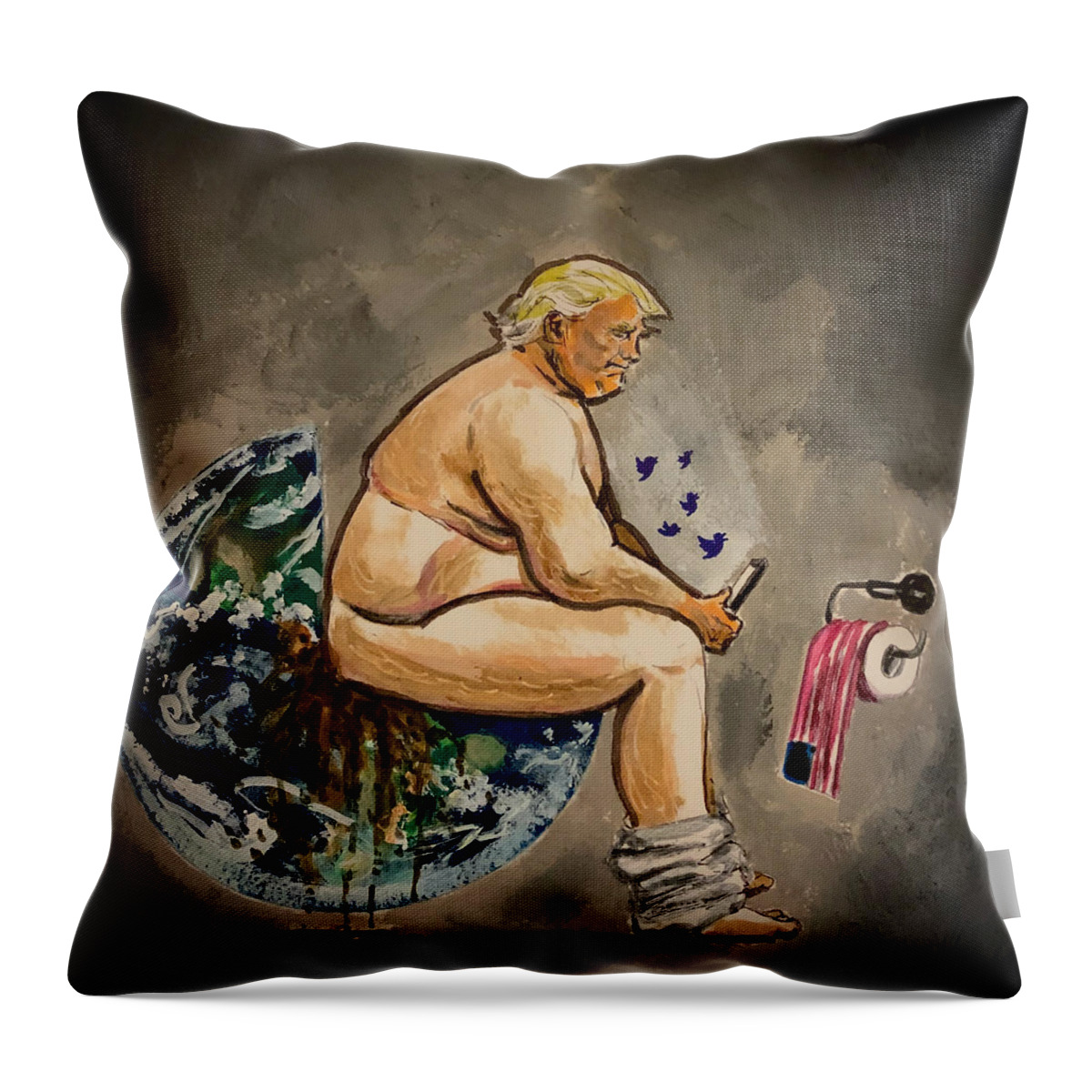 Idiot Throw Pillow featuring the painting Trump Dump by Joel Tesch