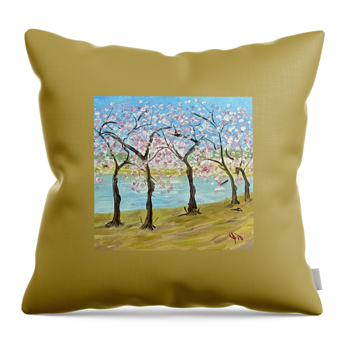 Cherry Blossoms Throw Pillow featuring the painting Tuesday 2002 Full Bloom by John Macarthur
