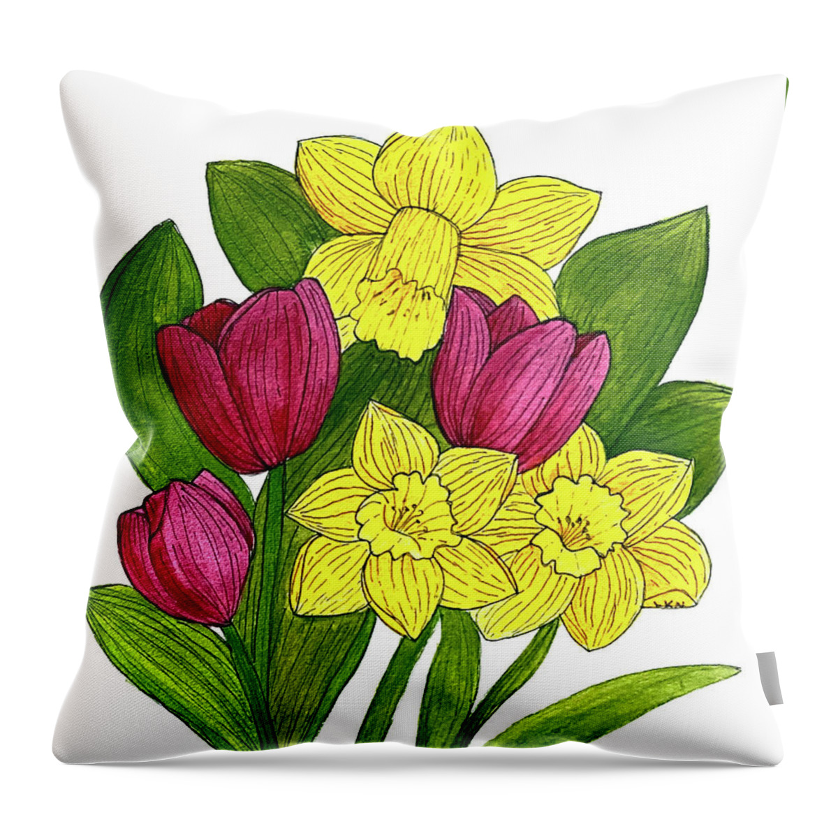 Daffodils Throw Pillow featuring the mixed media Tulips and Daffodils by Lisa Neuman