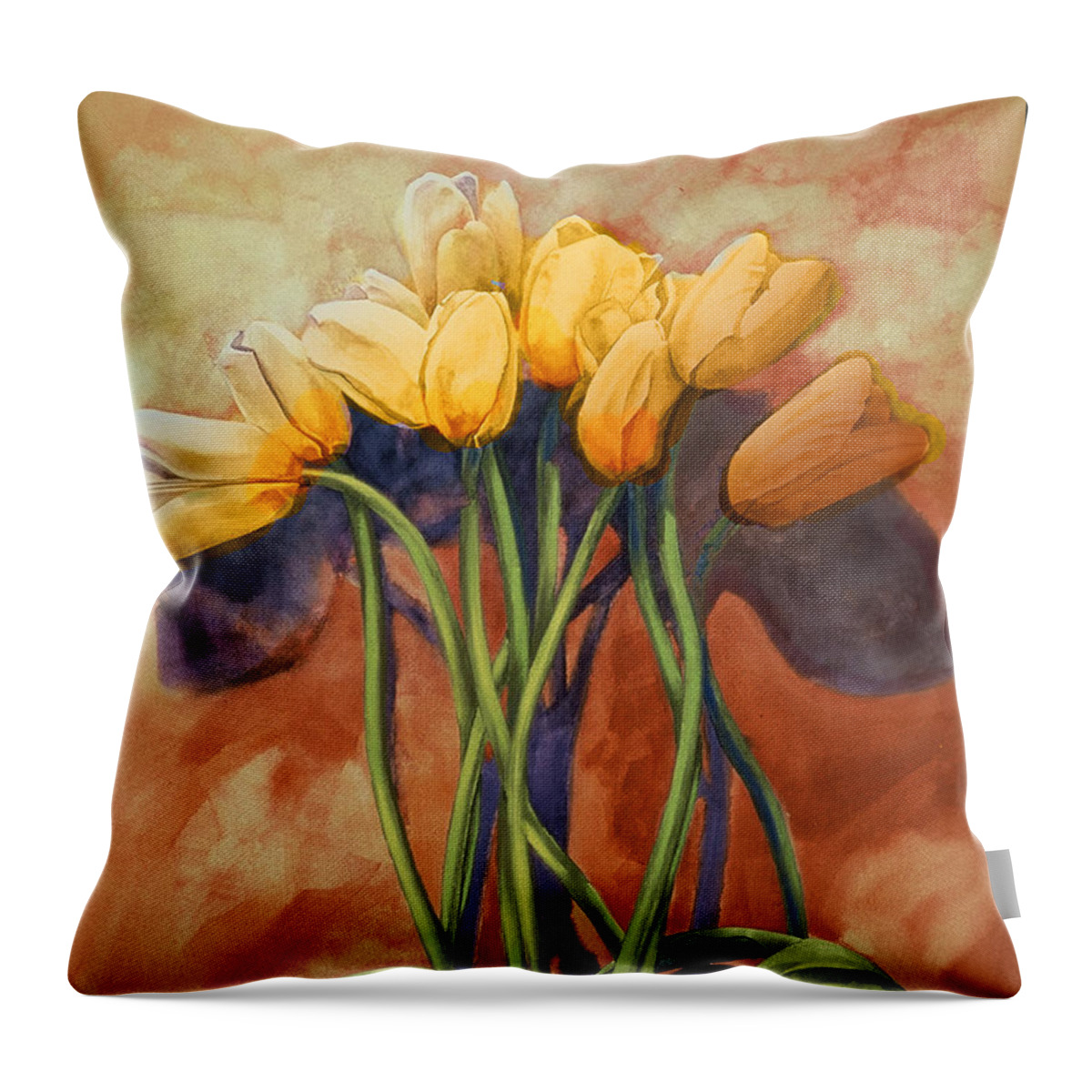 Yellow Tulips Throw Pillow featuring the painting Tulips by Cathy Locke