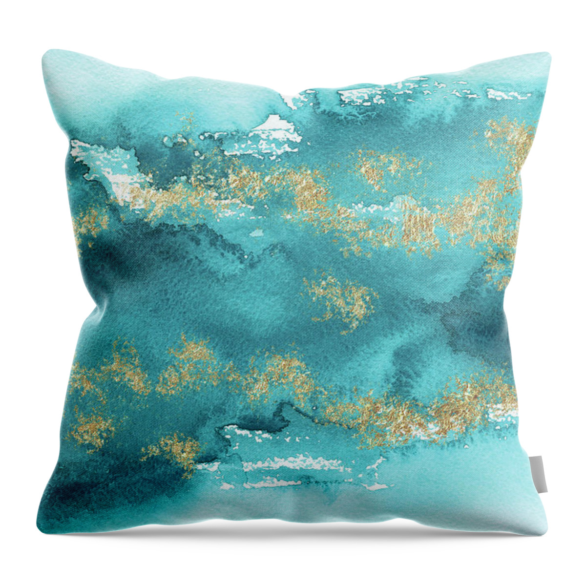 Turquoise Blue Throw Pillow featuring the painting Turquoise Blue, Gold And Aquamarine by Garden Of Delights