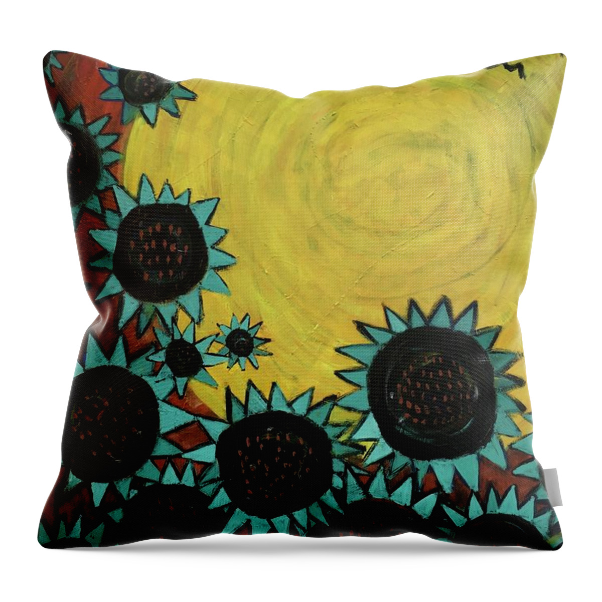 Sun Throw Pillow featuring the painting Turquoise Sunflowers by Cyndie Katz