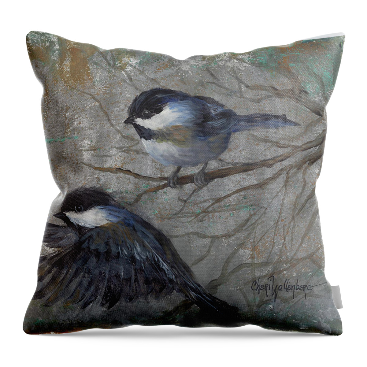 Songbird Throw Pillow featuring the painting Two Chickadees by Cheri Wollenberg