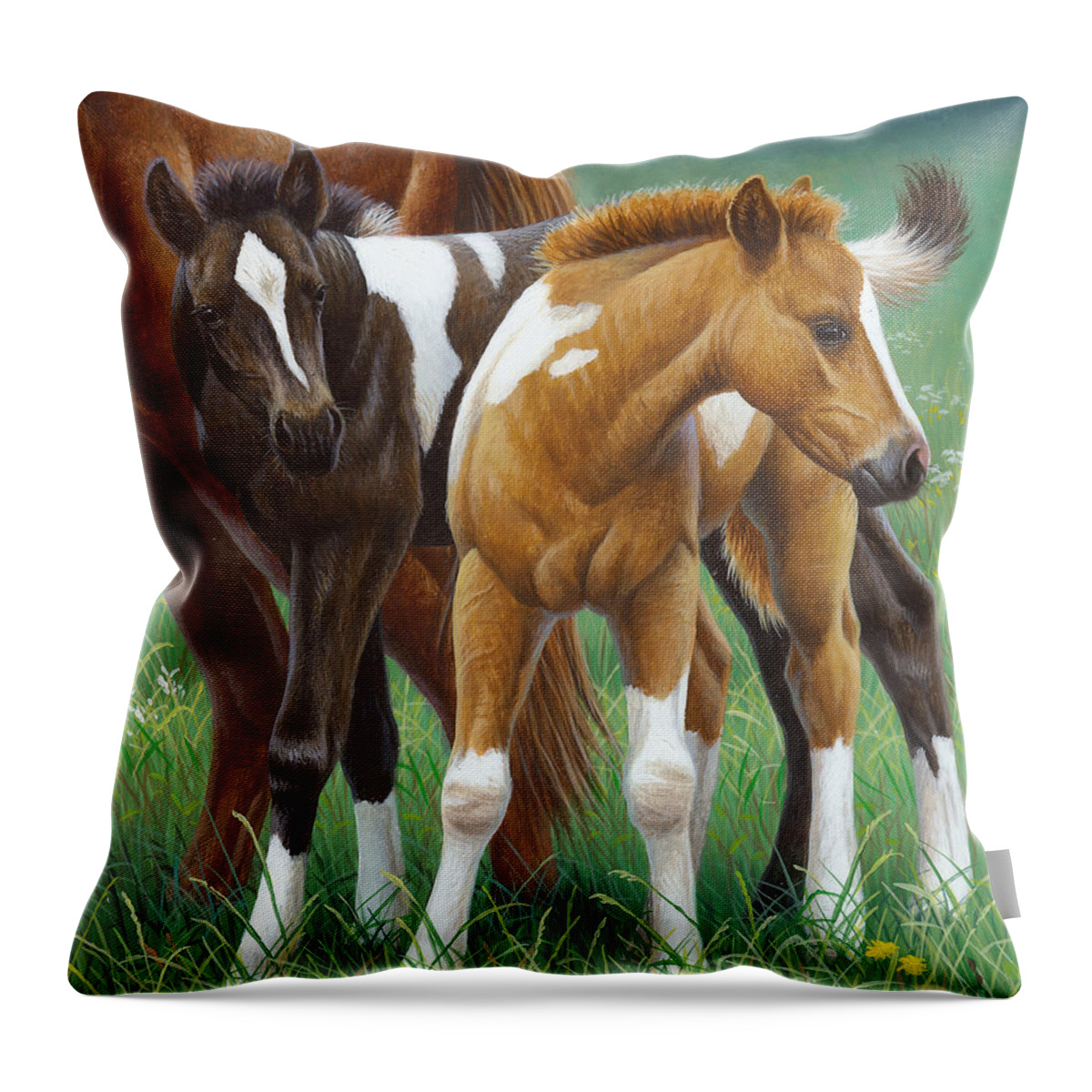 Cynthie Fisher Throw Pillow featuring the painting Two Foals, Horses by Cynthie Fisher