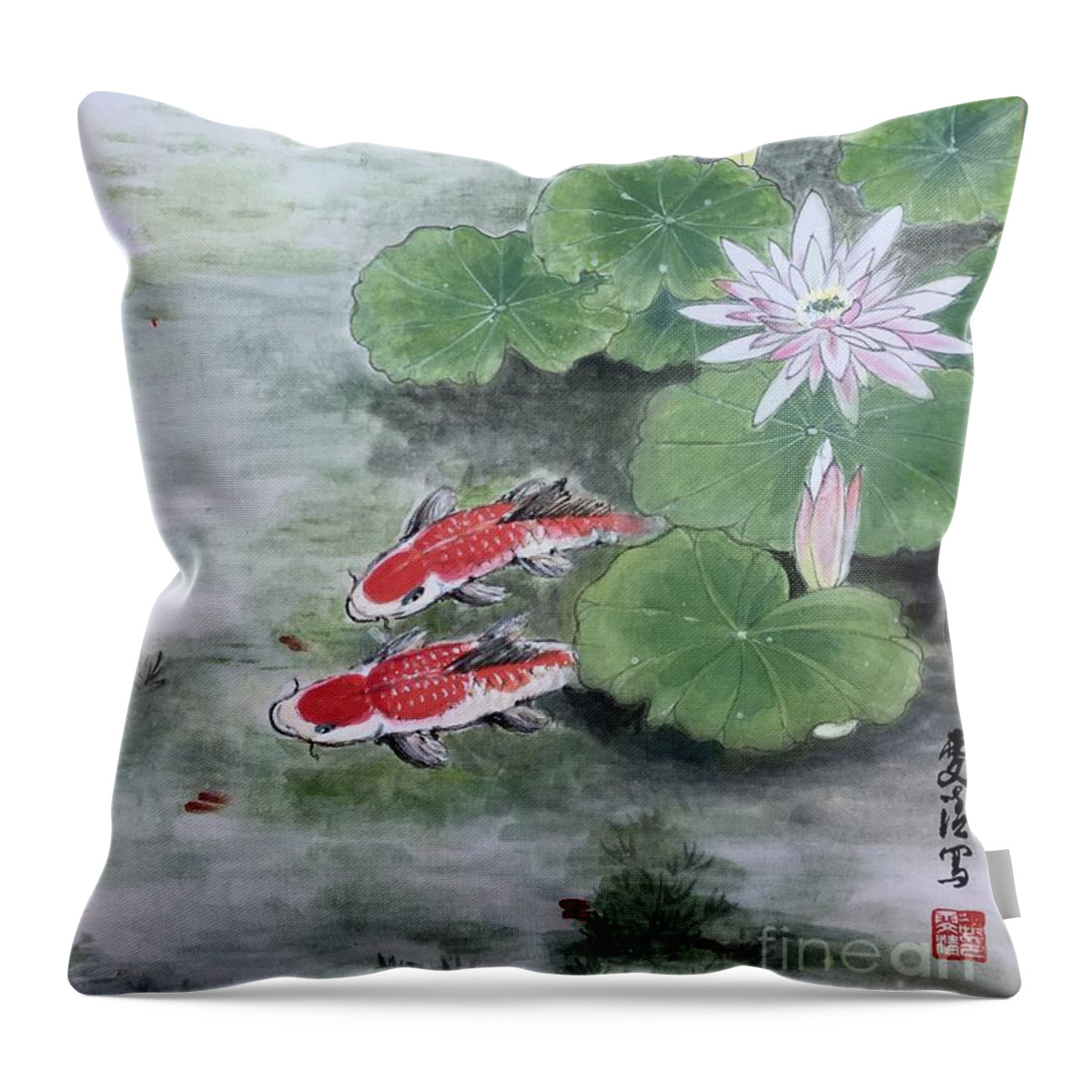 Lake Throw Pillow featuring the painting Fishes Joy - 2 by Carmen Lam