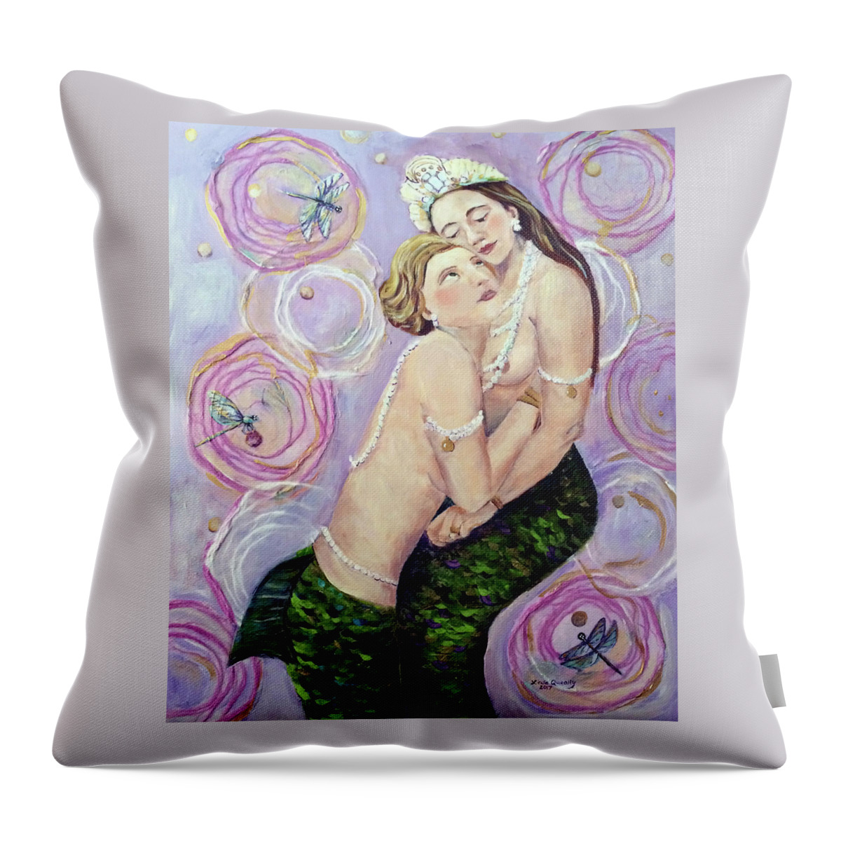 Mermaid Throw Pillow featuring the painting Two Mermaids in Pink by Linda Queally by Linda Queally
