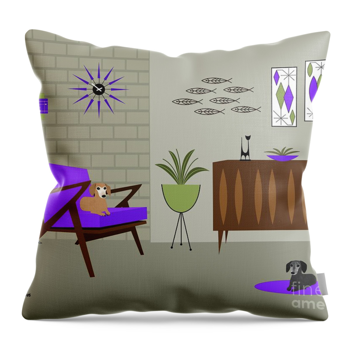 Mid Century Modern Dachshunds Throw Pillow featuring the digital art Two Mid Century Dachshunds in Purple Room by Donna Mibus