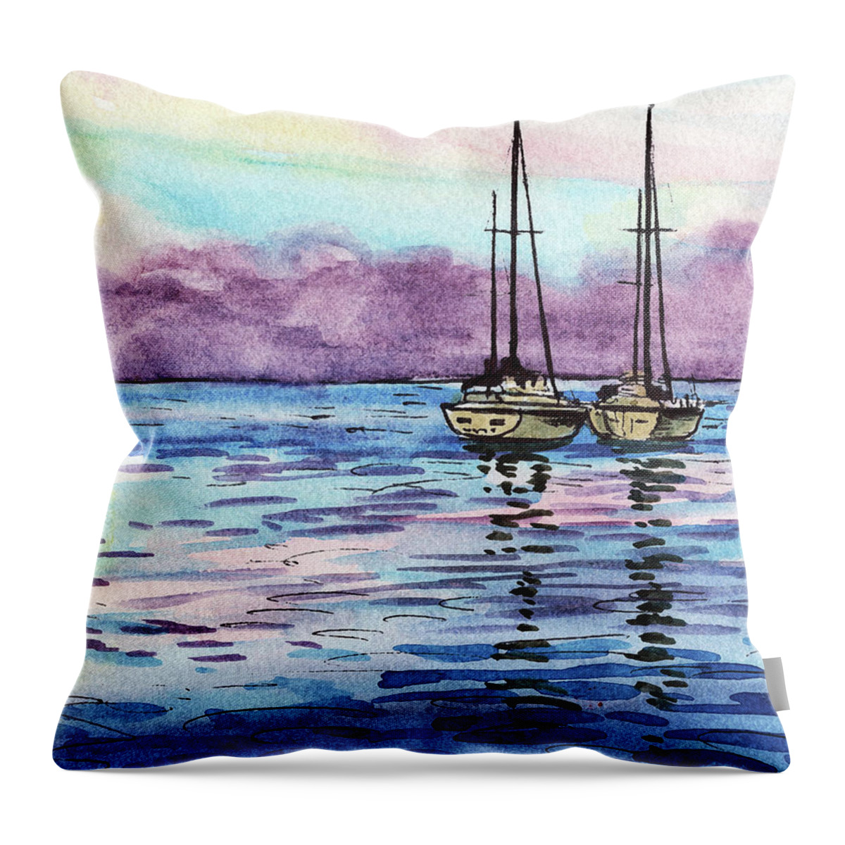 Boats Throw Pillow featuring the painting Two Sailboats Resting In The Ocean Purple Clouds Watercolor Beach Art by Irina Sztukowski