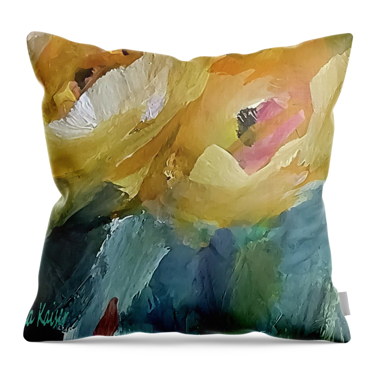 Impressionistic Throw Pillow featuring the painting Two Small Yellow Flowers Looking Upward by Lisa Kaiser