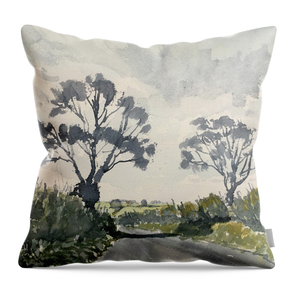 Watercolour Throw Pillow featuring the painting Two Trees on Thwing Road by Glenn Marshall