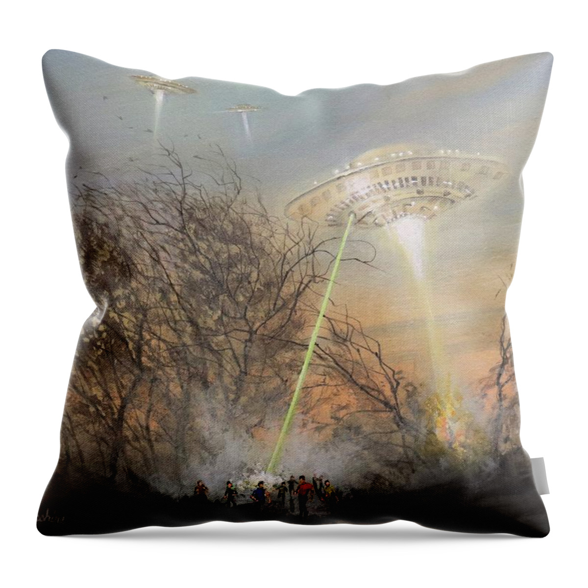 Ufo's Throw Pillow featuring the painting UFO Alien Invasion by Tom Shropshire