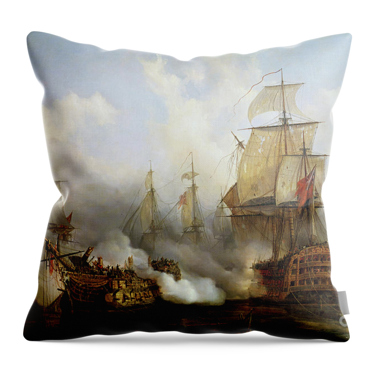 The Throw Pillow featuring the painting Unknown title Sea Battle by Auguste Etienne Francois Mayer