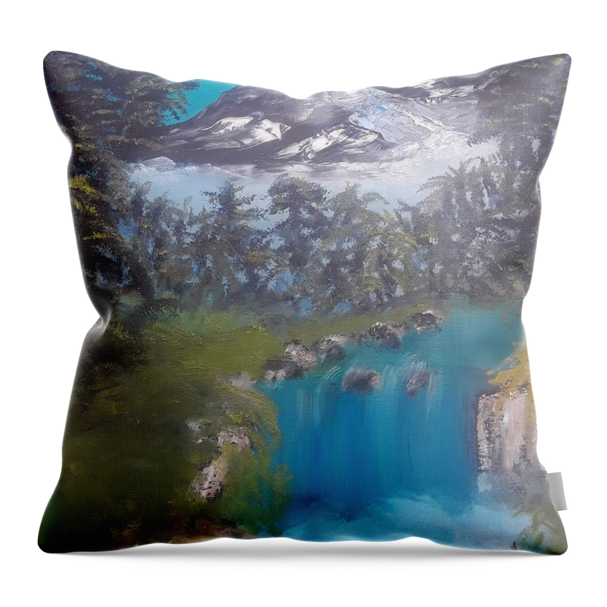 Waterfall Throw Pillow featuring the painting Valley Waterfall by Janet Lyons