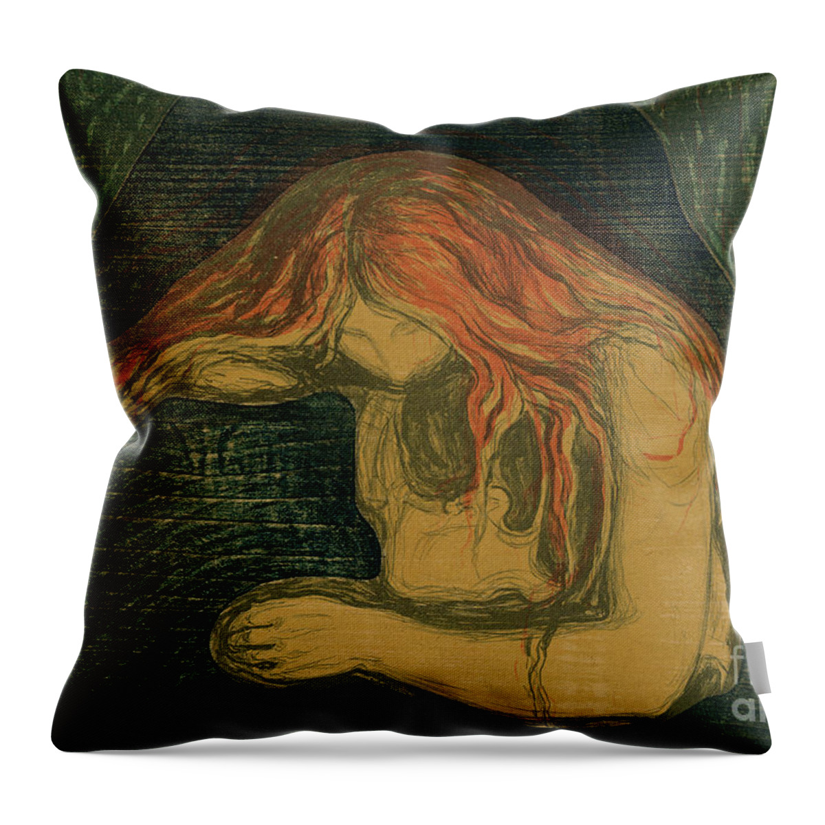 Love And Pain Throw Pillow featuring the painting Vampire, lithograph and woodcut by Edvard Munch