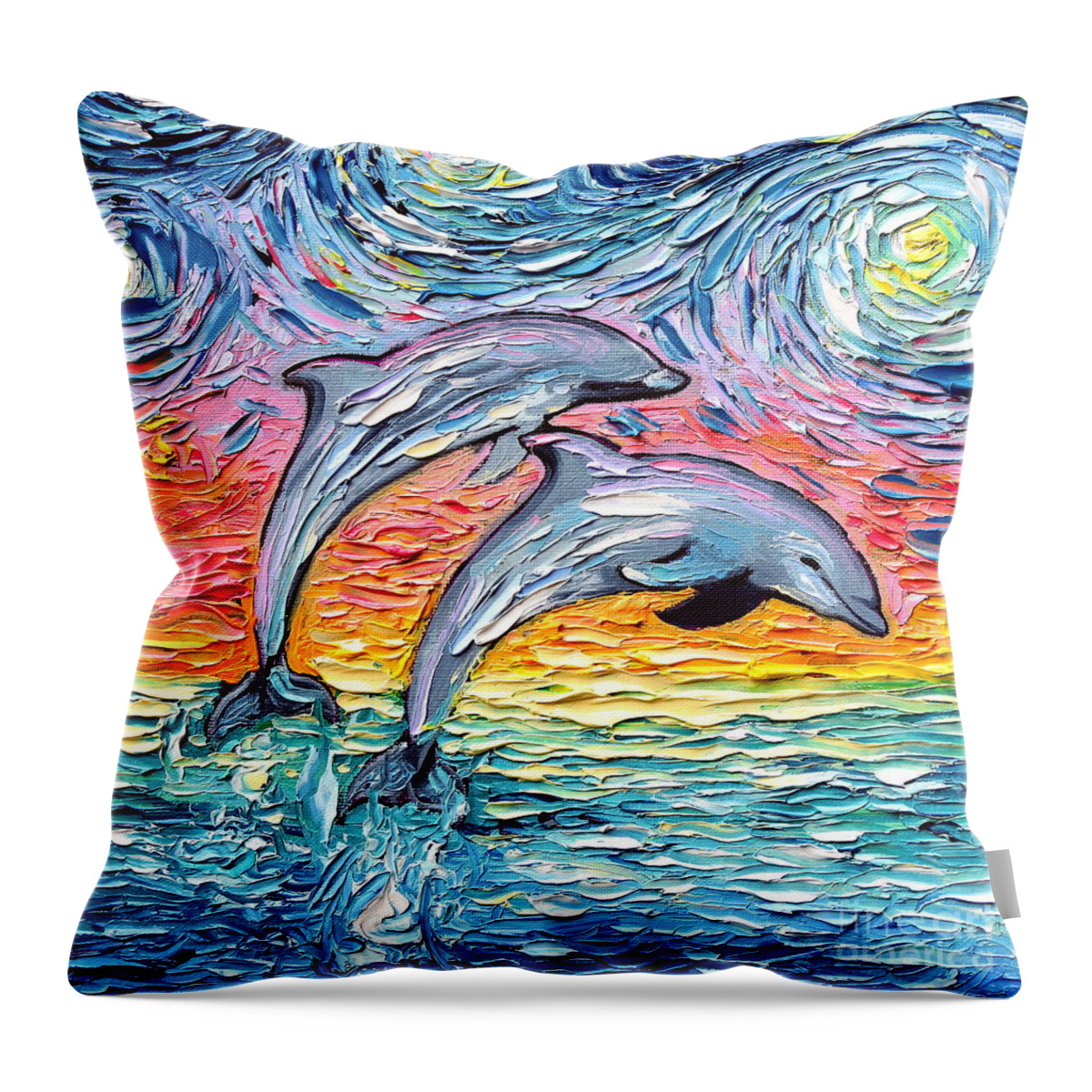 Dolphins Throw Pillow featuring the painting van Gogh Never Saw Paradise by Aja Trier