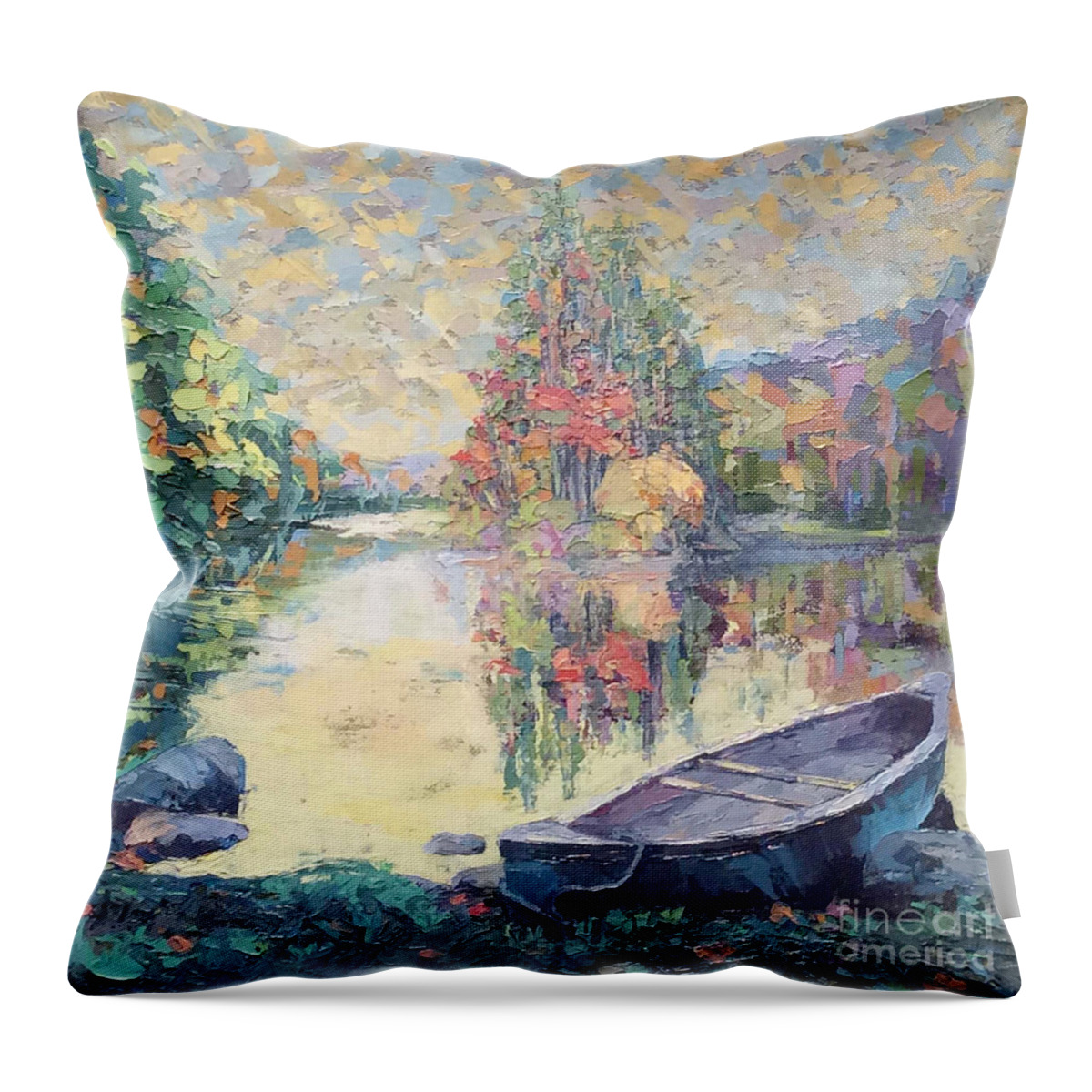Canoe Throw Pillow featuring the painting Vermont Canoe Trip by PJ Kirk