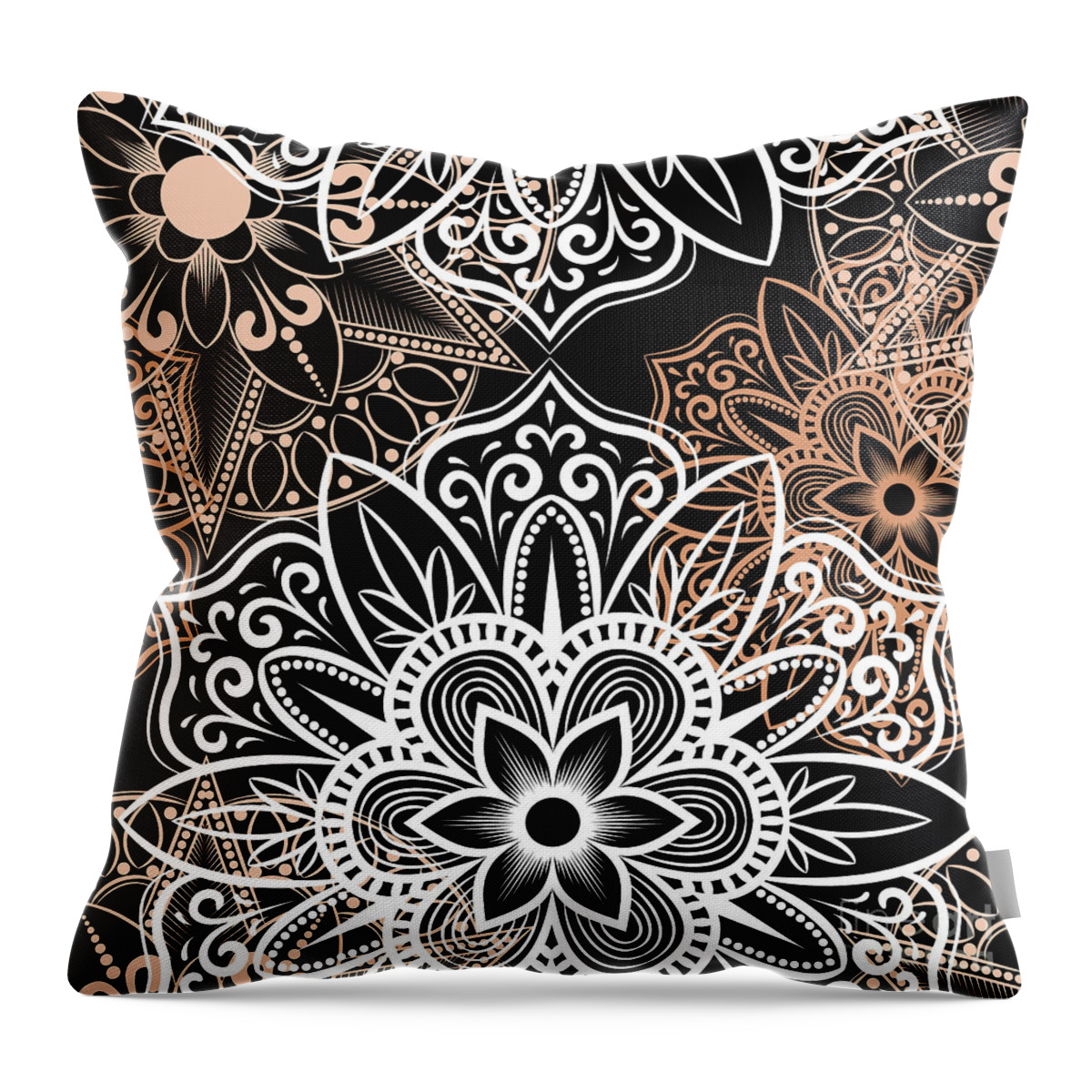 Colorful Throw Pillow featuring the digital art Verona - Artistic White Cream Mandala Pattern in Black Background by Sambel Pedes