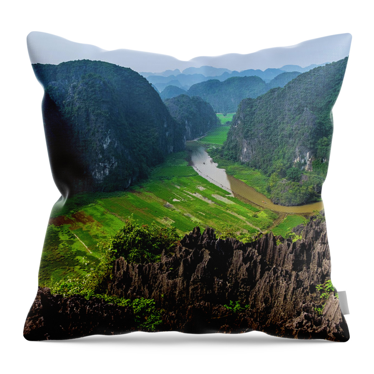 Ba Giot Throw Pillow featuring the photograph View from Hang Mua Peak by Arj Munoz