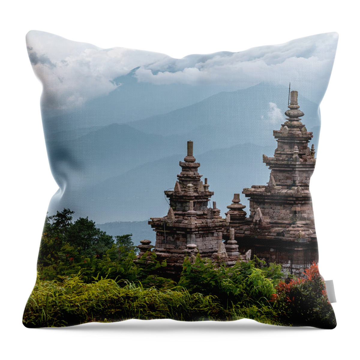 Temple Throw Pillow featuring the photograph View from the Gedong Songo temple complex by Anges Van der Logt