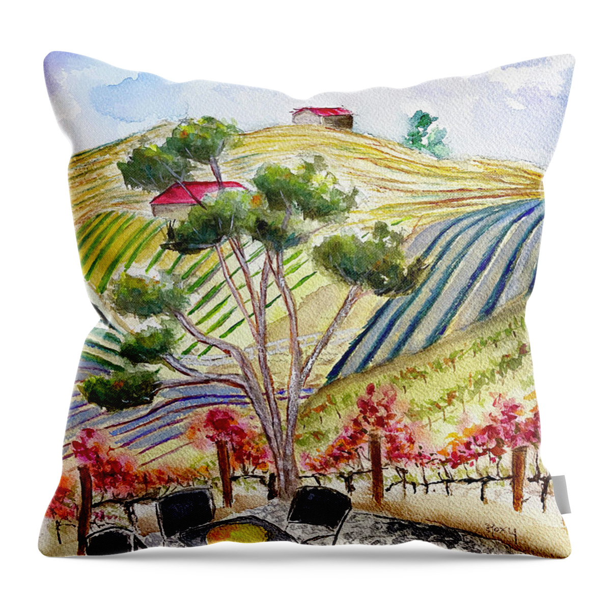 View Throw Pillow featuring the painting View from the patio at Gershon Bachus Vintners by Roxy Rich