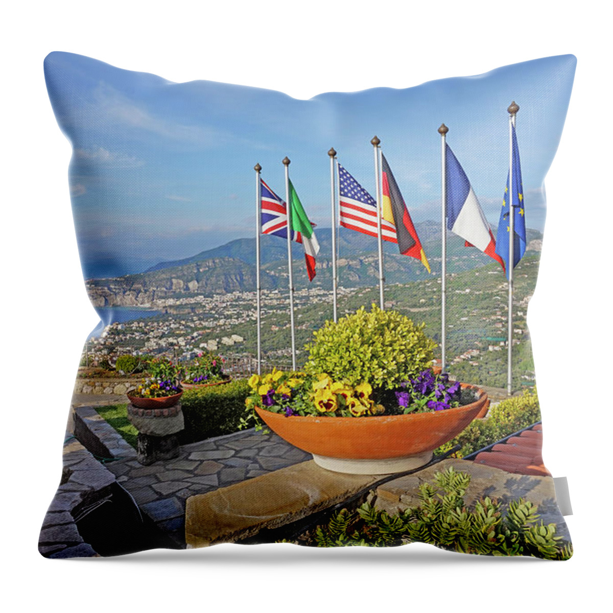 Sorrento Throw Pillow featuring the photograph View of Sorrento With Flags by Yvonne Jasinski