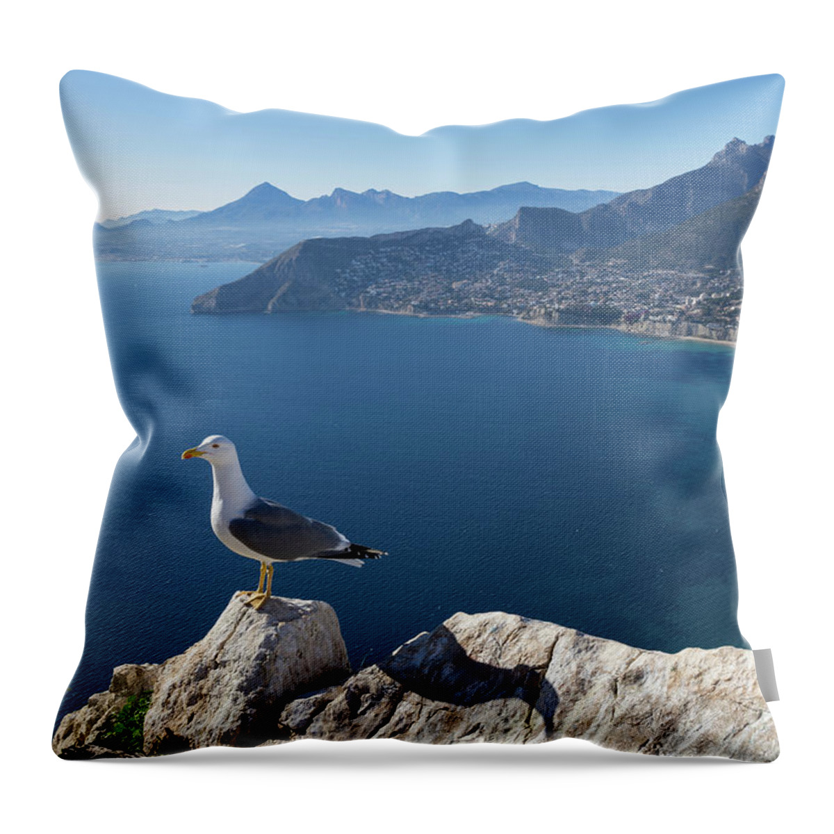 Seagull Throw Pillow featuring the photograph View towards the mountains of the Mediterranean coast by Adriana Mueller