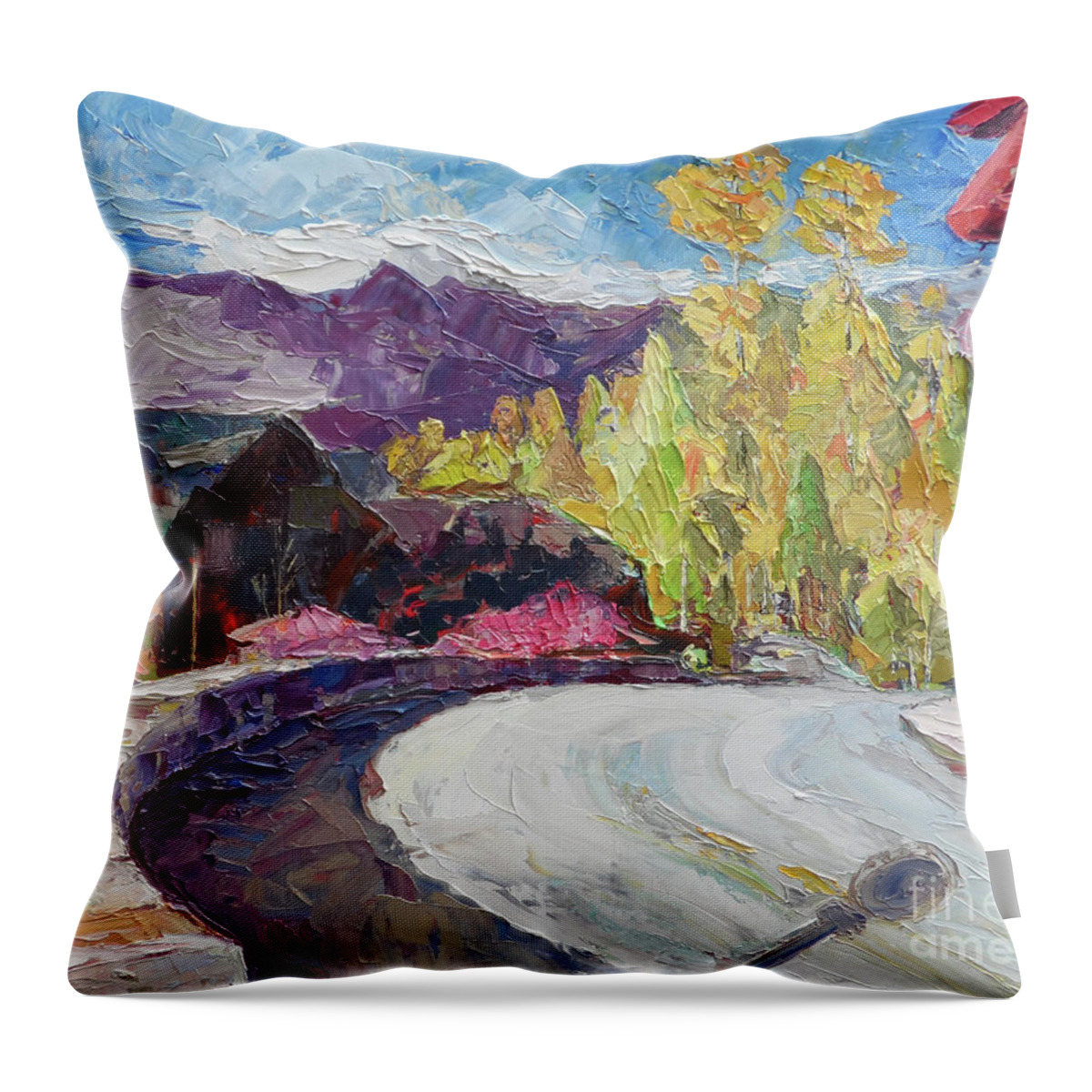 Telluride Village Throw Pillow featuring the painting Village Bridge, 2018 by PJ Kirk