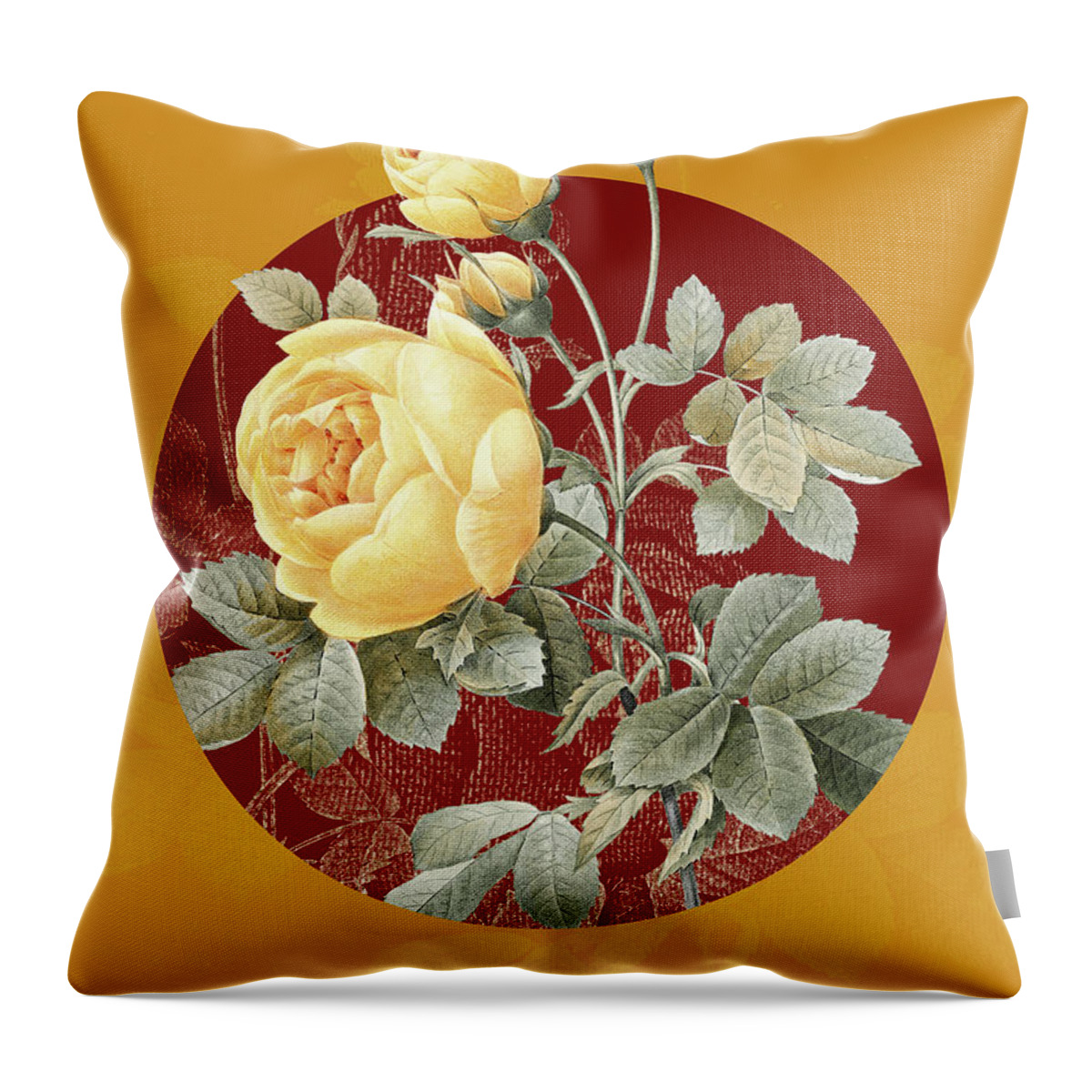 Vintage Throw Pillow featuring the painting Vintage Botanical Yellow Rose on Circle Red on Yellow by Holy Rock Design